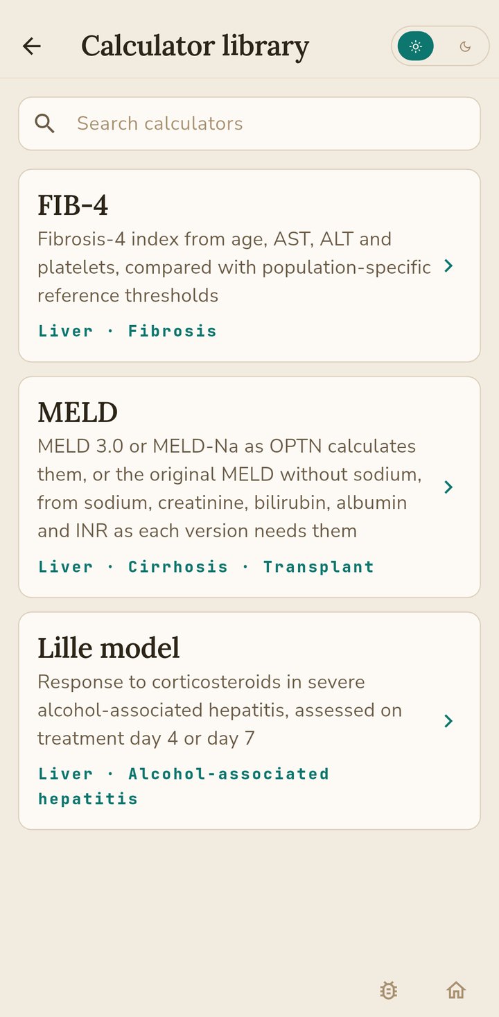 Calculator library listing FIB-4, MELD and the Lille model