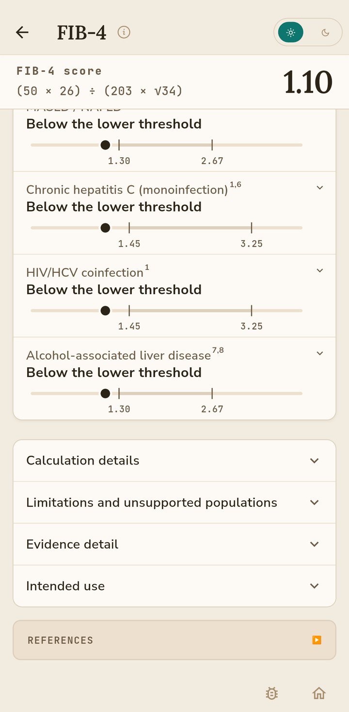FIB-4 reference interpretations by population with details, limitations and references
