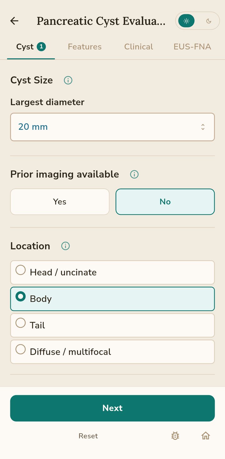 Pancreatic cyst input step for cyst size and location