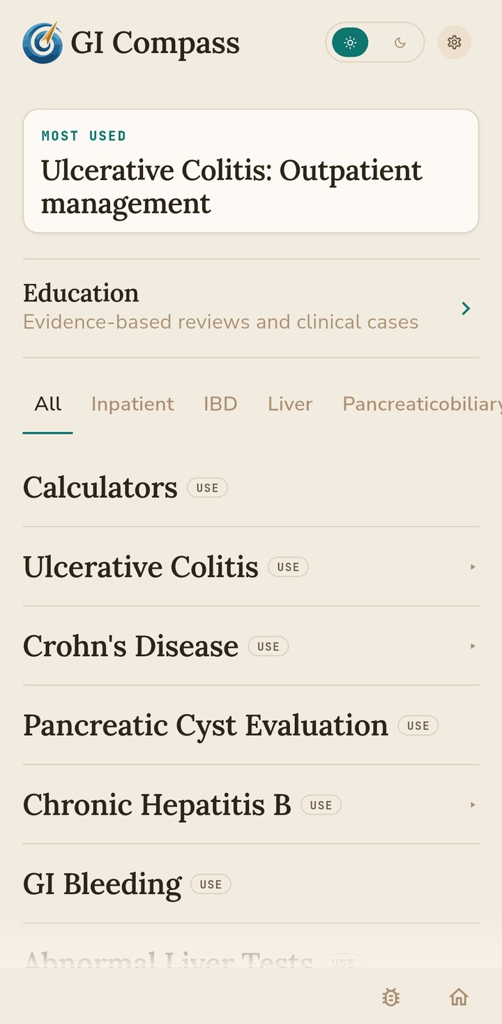 GI Compass home screen listing calculators, released modules and the Education section