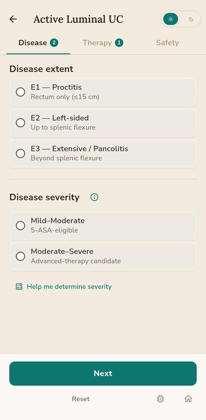 Ulcerative colitis input step asking for disease extent and severity