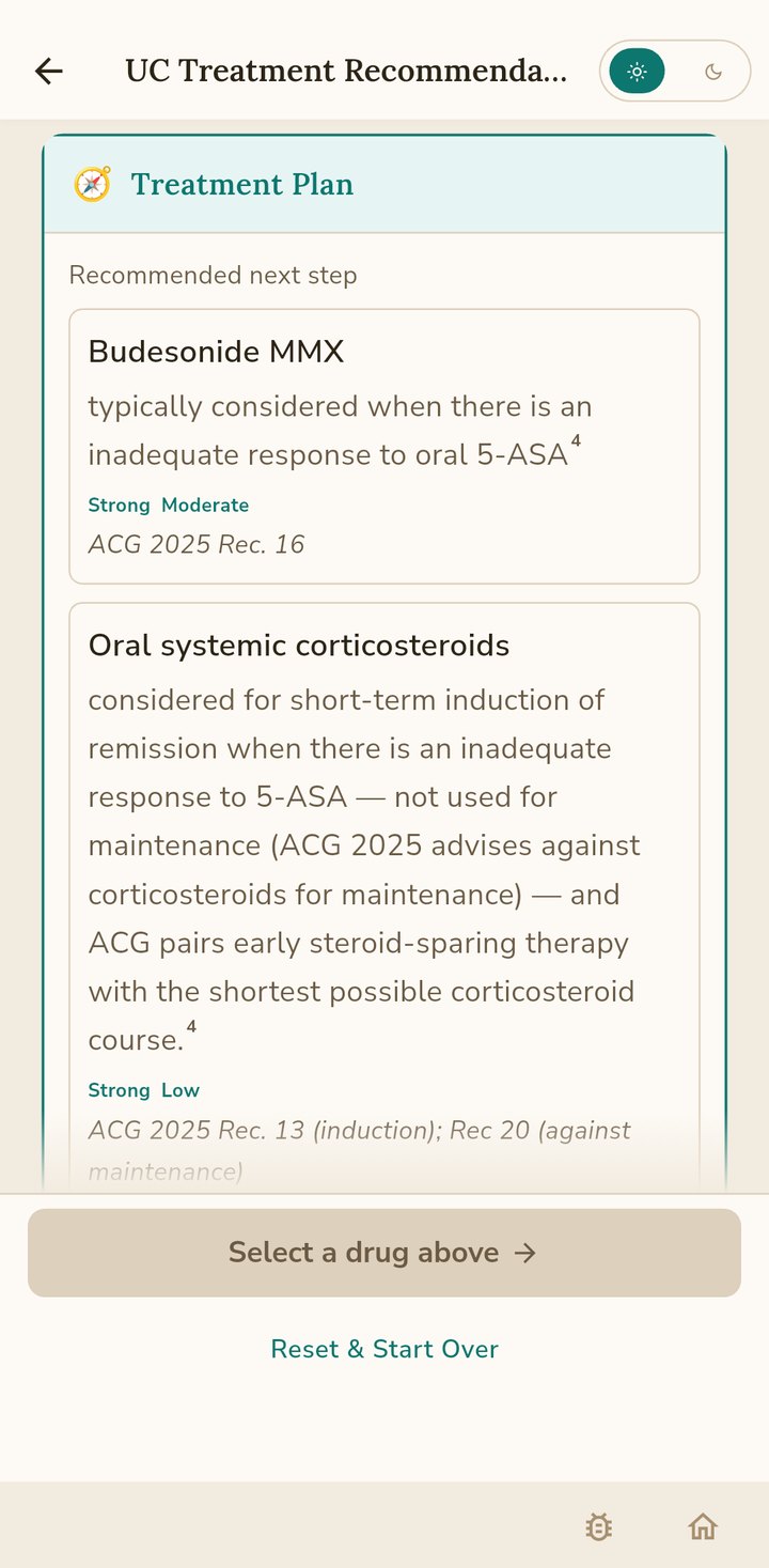 Ulcerative colitis result screen showing a treatment plan with cited options
